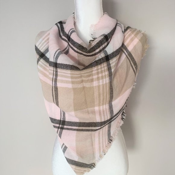 Pink & Tan Plaid Triangle Scarf - Picture 2 of 2